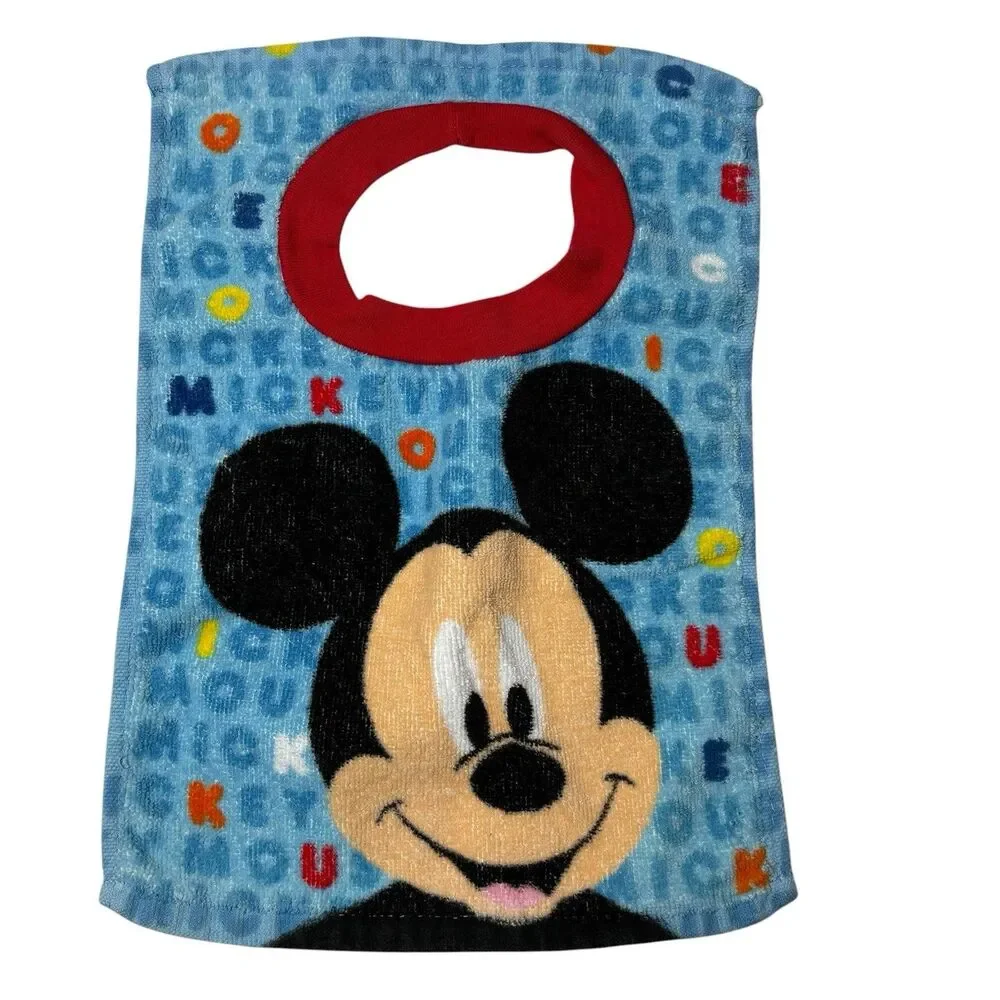 Disney Baby Mickey Mouse Terry Cloth Bibs Lot of 2 Red Blue Feeding Vintage